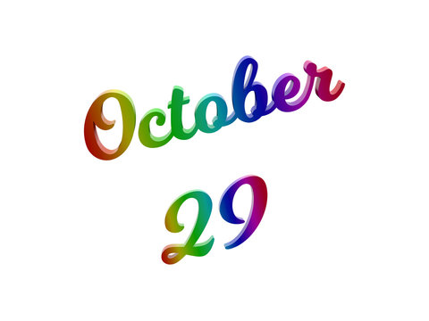 October 29 Date Of Month Calendar, Calligraphic 3D Rendered Text Illustration Colored With RGB Rainbow Gradient, Isolated On White Background
