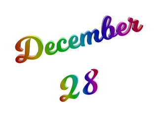 December 28 Date Of Month Calendar, Calligraphic 3D Rendered Text Illustration Colored With RGB Rainbow Gradient, Isolated On White Background
