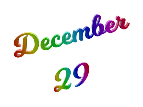 December 29 Date Of Month Calendar, Calligraphic 3D Rendered Text Illustration Colored With RGB Rainbow Gradient, Isolated On White Background
