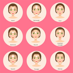 Set of different woman face types vector illustration character shapes girl makeup beautiful female