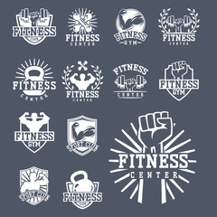 Fototapeta premium Monochrome fitness emblem design element gym sport club strong equipment silhouette vector illustration.