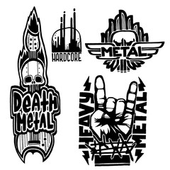 Heavy rock music badge vector vintage labels with punk skull symbols hard sound sticker print emblem illustration