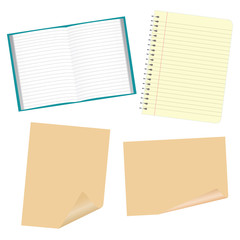 A set of notebooks. Papers on a white background.
