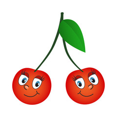 Cartoon cherry on a white background. Two cherries and a leaf.