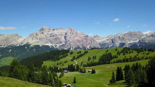 Fantastic landscape on the Dolomites. Drone aerial view on the peaks called Sas Crusc, Lavarela, Conturines, Pizes de Fanis and Lagazuoi. Place is Alta Badia, Sud Tirol, Italy