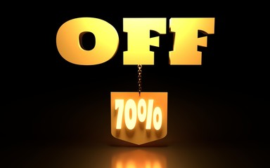 70 Percent Discount Sign. Special Offer Discount Tag. Sale Up to 70 Percent Off. Shield hanging from a chain. 3D rendering
