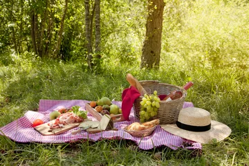 Crédence de cuisine en verre imprimé Pique-nique Pique-nique au parc sur l& 39 herbe : nappe, panier, alimentation saine, vin rosé et accessoires