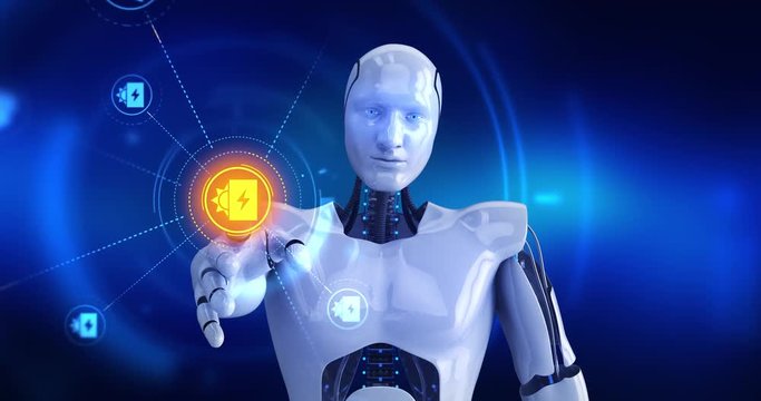 Humanoid robot touching on screen then solar energy charging symbols appears. 4K+ 3D animation concept.
