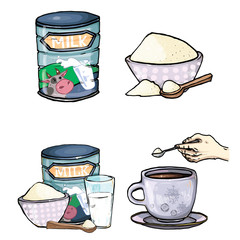 Vector set of cartoon illustration of milk powder in a closed aluminum can and poured into a bowl, a glass of prepared instant milk and the addition of milk powder into a cup of tea, coffee