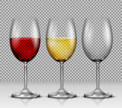 Set of illustrations, transparent vector wine glasses empty, with white and red wine, isolated. Print, template, design element