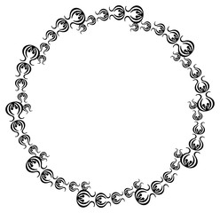 Black and white silhouette round frame with decorative flowers. Vector clip art.