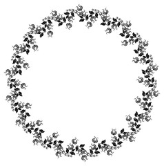 Black and white silhouette round frame with decorative flowers. Vector clip art.