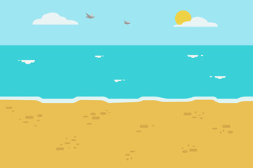 Beautiful beach with wave and sky background vector.Seascape on vacation.Relax sea view vector illustration.Flat beach with wave.