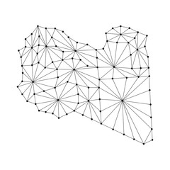 Libya map of polygonal mosaic lines network, rays and dots vector illustration.