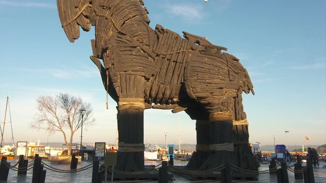The monument of wooden trojan horse in the city center of Canakkale.