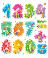 Colorful decorated numbers and arithmetic signs symbols collection
