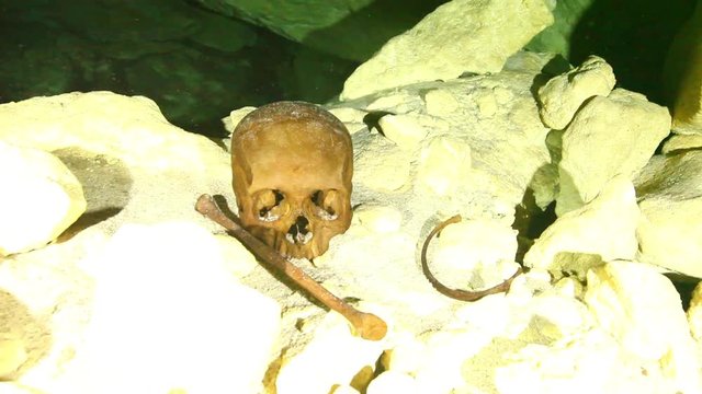 Human skull underwater POV, Yucatan Peninsula