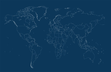 World map blue with borders blue color