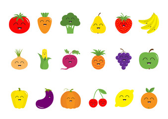 Fruit berry vegetable face icon set. Pear, strawberry, banana, pineapple, grape, apple, cherry, lemon, orange. Pepper, tomato, carrot, broccoli, onion, sweet corn, beet, eggplant aubergine pumpkin