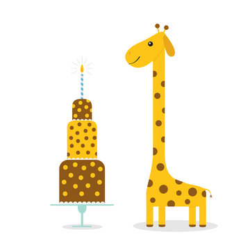 Giraffe spot. Long neck. Cute cartoon character. Cake with dots and fire shining candle. Happy Birthday greeting card. Baby collections. White background. Isolated. Flat design.