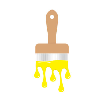 Paintbrush icon with yellow color drops. Flowing down dripping paint. Flat design Decoration element. White background. Isolated