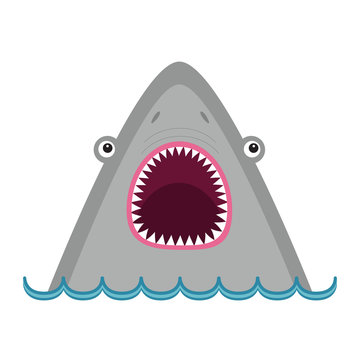 Shark head face with big open mouth and sharp teeth. Cute cartoon animal character. Baby educational card. Sea ocean wild animal. Water wave. Flat design. White background. Isolated.