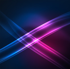 Energy lines, glowing waves in the dark, vector abstract background