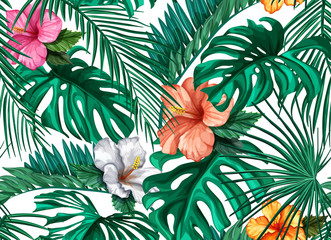 Vector tropical leaves hibiscus seamless pattern