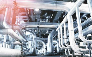 Industrial zone, Steel pipelines and cables in blue tones