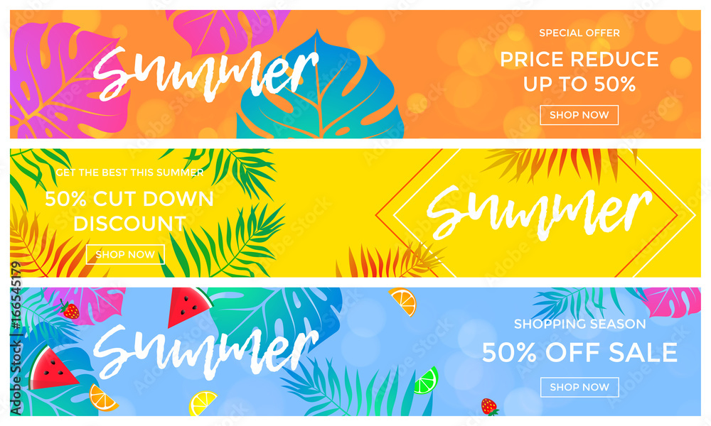 Wall mural summer sale banners of fruits and palm leaf vector online shopping flyer