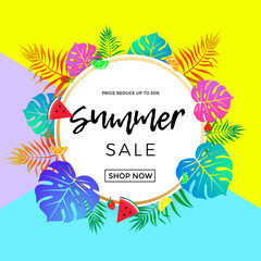 Summer sale poster of fruits and palm leaf vector online shopping banner