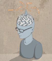 Illustrazione di uomo con occhiali e  cervello labirinto - obrazy, fototapety, plakaty