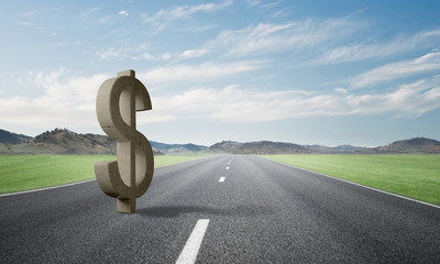 Money making and wealth concept presented by stone dollar symbol on asphalt road