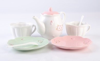 tea set or porcelain tea set on background.