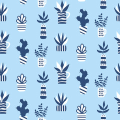 Fototapeta na wymiar Vector seamless pattern with succulents and houseplants in vase