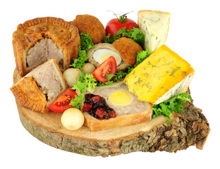 Traditional ploughman's buffet lunch ingredients isolated on a white background