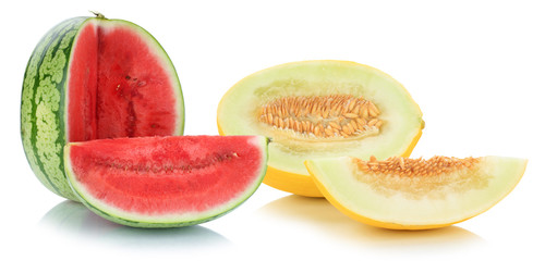 Melonen Honigmelone Wassermelone geschnitten tropisch frisch Früchte Frucht Obst Sommer Freisteller freigestellt isoliert
