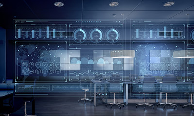 Office interior with graphs and diagrams