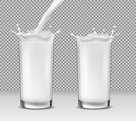 Set of vector realistic illustrations, isolated icons, glasses with flowing milk and a milk splash, dairy product, yogurt, kefir, protein cocktail. Print, template, design element