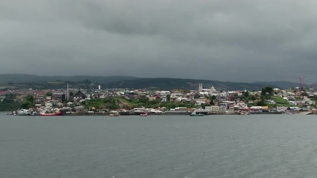 View from ship of city Castro and port on Chiloe Island, Chile