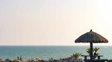 南国の春の浜辺とパラソル