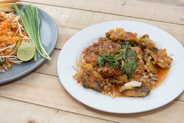 oysters fried in egg batter (Hoi Tod) on plate