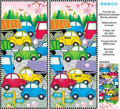 Spring or summer traffic jam picture puzzle: Find the ten differences between the two pictures of cars and trucks on the road, trees in blossom, falling petals, fresh green forest. Answer included.
