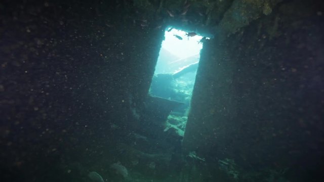 Interior of sunken ship in Maldives, POV