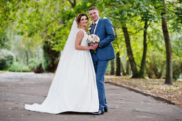 Fabulous young wedding couple posing in the park on the sunny day.