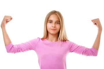 young teen girl showing her muscular arm for feminine and independent strength-isolated