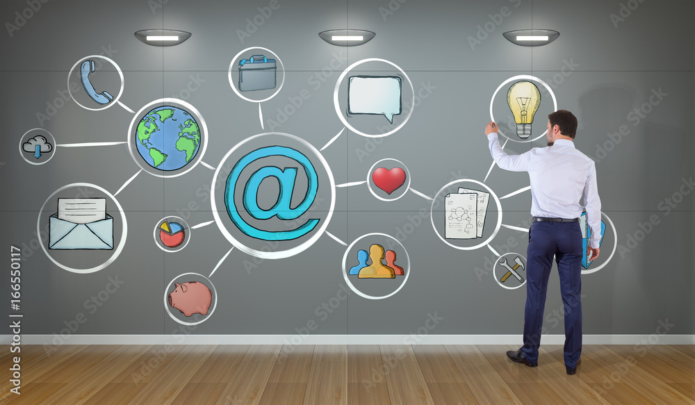 Poster businessman drawing multimedia interface sketch on a wall 3d rendering