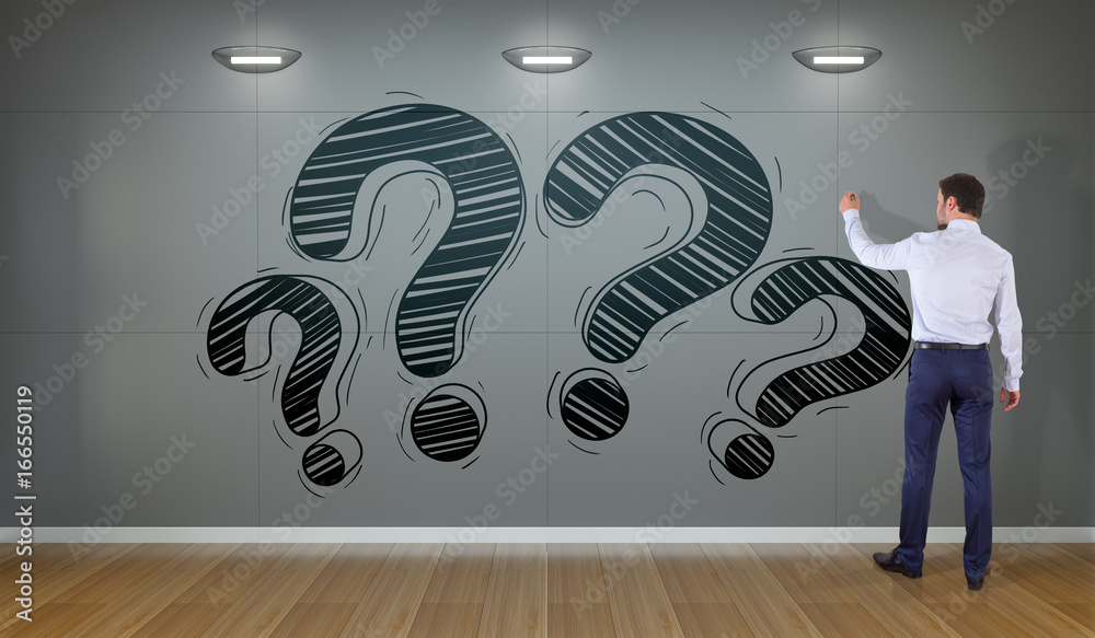 Poster businessman drawing a question mark sketch on a wall 3d rendering