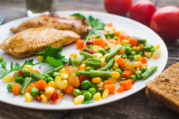 Breakfast on the wooden background from chicken breast