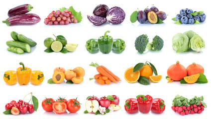 Obst und Gemüse Früchte Apfel Tomaten Paprika Orangen Beeren Salat Farben Collage Freisteller freigestellt isoliert